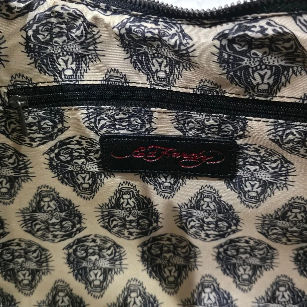 Ed Hardy Leopard Tattoo Print Satchel Handbag with Skull Hardware